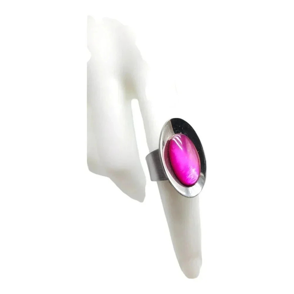 Pink Acrylic Cabochon Modernist Ring Adjustable Silver Tone Size 7 Vintage